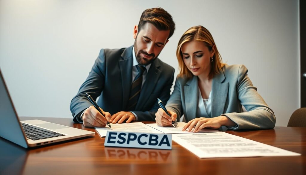 A well-lit office setting, a desk with a laptop, a pen, and important-looking documents. On the desk, a stylized ESPCBA logo is prominently displayed. Two professionals, a man and a woman, are carefully reviewing and signing the documents, their expressions focused and serious. The lighting is warm and professional, creating a sense of formality and importance. The camera angle is slightly elevated, providing a clear view of the signing procedure. The background is clean and minimalist, allowing the signing process to be the central focus of the image.