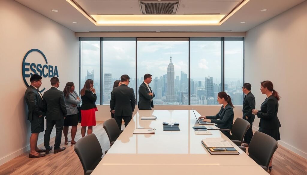 A well-lit, wide-angle view of a modern office space showcasing the ESPCBA logo prominently displayed on the wall. In the foreground, a group of professionals in business attire engaged in a lively discussion, representing the cost advantages of having a local representative in China. The middle ground features a large table with various documents and a laptop, symbolizing the efficient coordination and information exchange. The background reveals a panoramic city skyline, conveying the global reach and local expertise of the ESPCBA service. The scene exudes a sense of professionalism, productivity, and the synergistic benefits of a local representative.