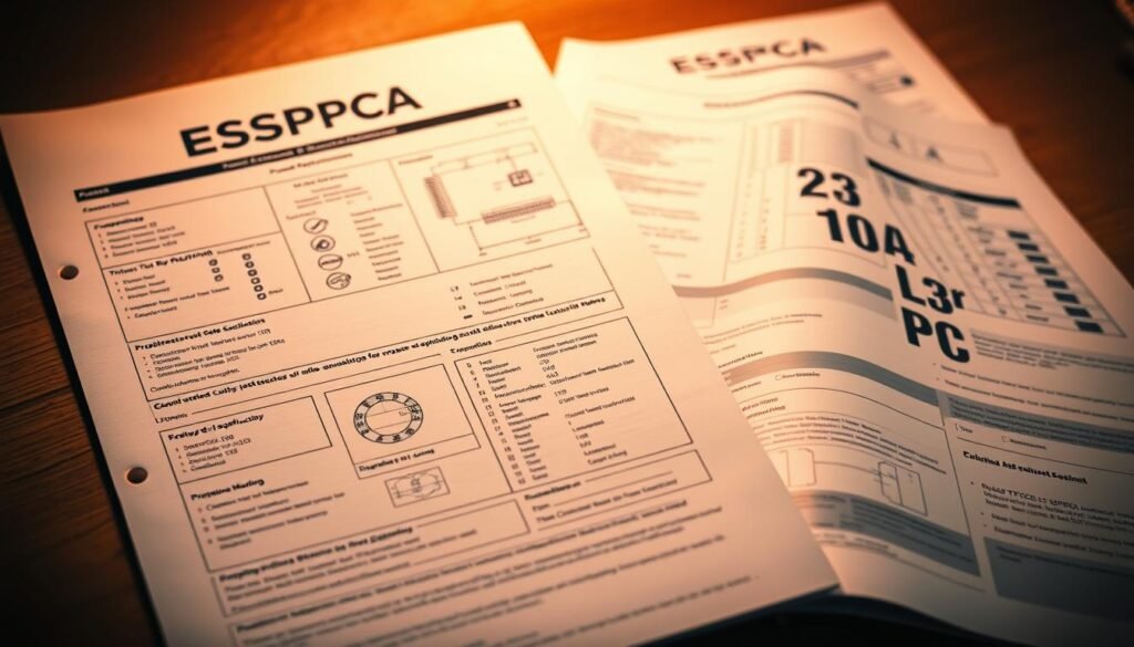 A well-organized and visually striking product specifications document, with a clean and professional layout. The document features the ESPCBA brand name prominently displayed at the top, conveying a sense of authority and quality. The pages are filled with technical diagrams, schematics, and detailed product information, all presented in a clear and legible manner under warm, soft lighting. The document is captured at a slight angle, creating depth and dimension, with a subtle vignette effect that draws the viewer's attention to the center of the frame. The overall atmosphere is one of precision, attention to detail, and a commitment to effective communication with overseas PCBA factories.