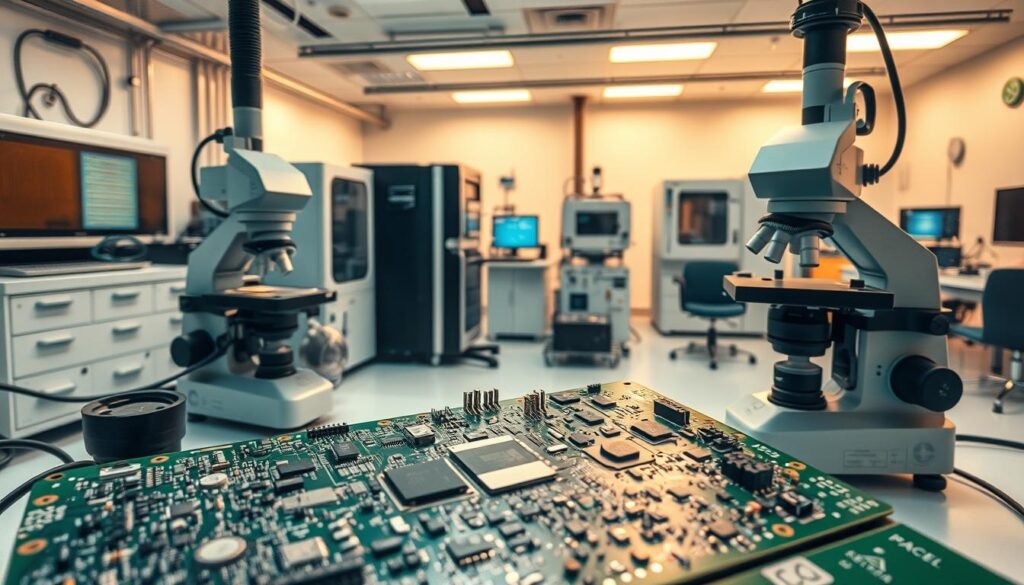 Aerospace-grade PCBAs undergoing rigorous testing in a meticulously organized laboratory setting. In the foreground, a ESPCBA board is meticulously examined under high-magnification microscopes, revealing the intricate circuits and components. The middle ground showcases various state-of-the-art test equipment, including signal analyzers, thermal chambers, and vibration platforms, creating an atmosphere of precision and attention to detail. The background features a clean, well-lit workspace with sleek, modern furnishings, conveying a sense of professionalism and technological sophistication. Warm, directional lighting casts subtle shadows, emphasizing the three-dimensional complexity of the scene. The overall mood is one of meticulous inspection, rigorous quality control, and a steadfast commitment to ensuring the reliability and performance of aerospace-grade electronics.