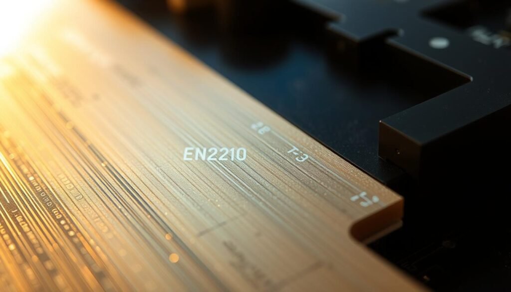 An intricately detailed cross-section of an ESPCBA (ENEPIG Surface Plated Circuit Board Assembly), showcasing the distinct layers and textures of this advanced surface finish. In the foreground, the golden, lustrous ENEPIG (Electroless Nickel Electroless Palladium Immersion Gold) layer shimmers under precise, directional lighting, casting subtle shadows and highlights. The middle ground reveals the underlying nickel and palladium deposits, their subtle variations in tone and finish adding depth and complexity. In the background, the rigid, matte-black base material provides a striking contrast, highlighting the technical precision of this specialized surface treatment. The scene is captured with a crisp, high-resolution lens, emphasizing the intricate details and precise engineering of this critical component in modern electronics.