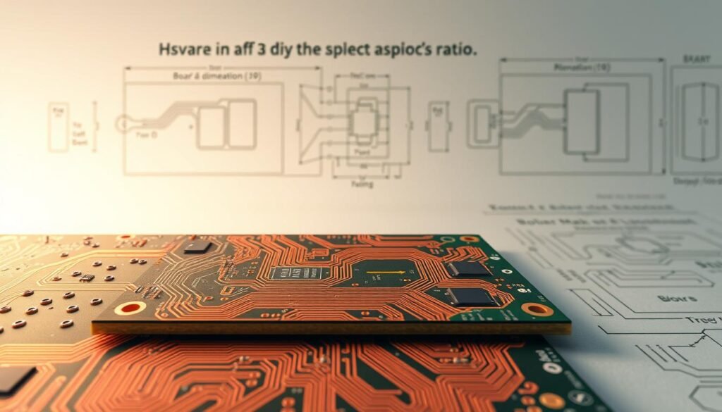 Detailed cross-section of a printed circuit board, showcasing the key factors that influence its aspect ratio. In the foreground, a ESPCBA-branded PCB with precise copper traces, vias, and solder mask layers, illuminated by a soft, directional light. The middle ground features technical schematics and dimensional diagrams, highlighting the critical design parameters like board size, component placement, and trace routing. In the background, a neutral, industrial backdrop with subtle textures, conveying the engineering and manufacturing context. The overall scene exudes a sense of technical precision and functionality, aiding the viewer's understanding of PCB aspect ratio considerations.