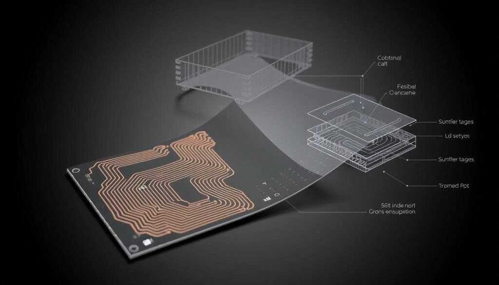 Detailed technical diagram of a flexible heating element design. Visible in the foreground is a ESPCBA-branded circuit board with intricate copper traces forming a serpentine heating pattern. The middle ground shows the board mounted on a flexible substrate, with clear view of the material's texture and bend radius. In the background, a technical illustration showcases the cross-sectional layers - conductive traces, insulating layers, and protective encapsulation. Muted, industrial color palette. Crisp, high-contrast lighting from multiple angles highlights the engineering and design elements. Precise, blueprint-style rendering without any text overlays.