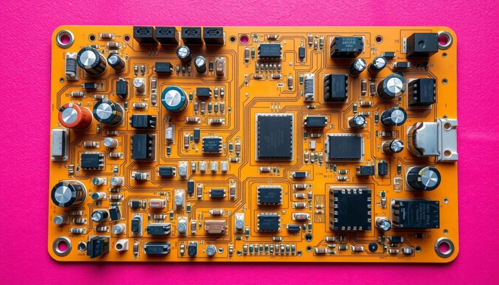 Generate an image of a PCB with various components