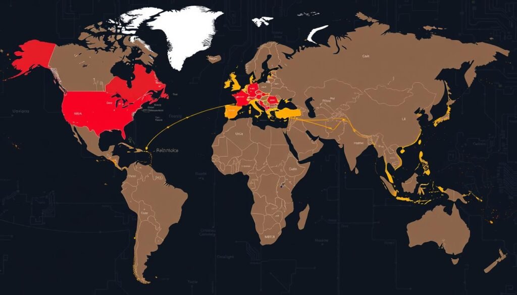 Generate an image of a global map highlighting major PCBA manufacturing regions and transportation routes.