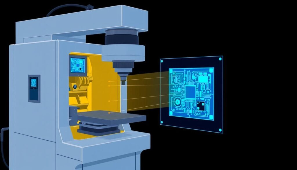 Generate an image of an X-ray inspection machine inspecting a PCB.
