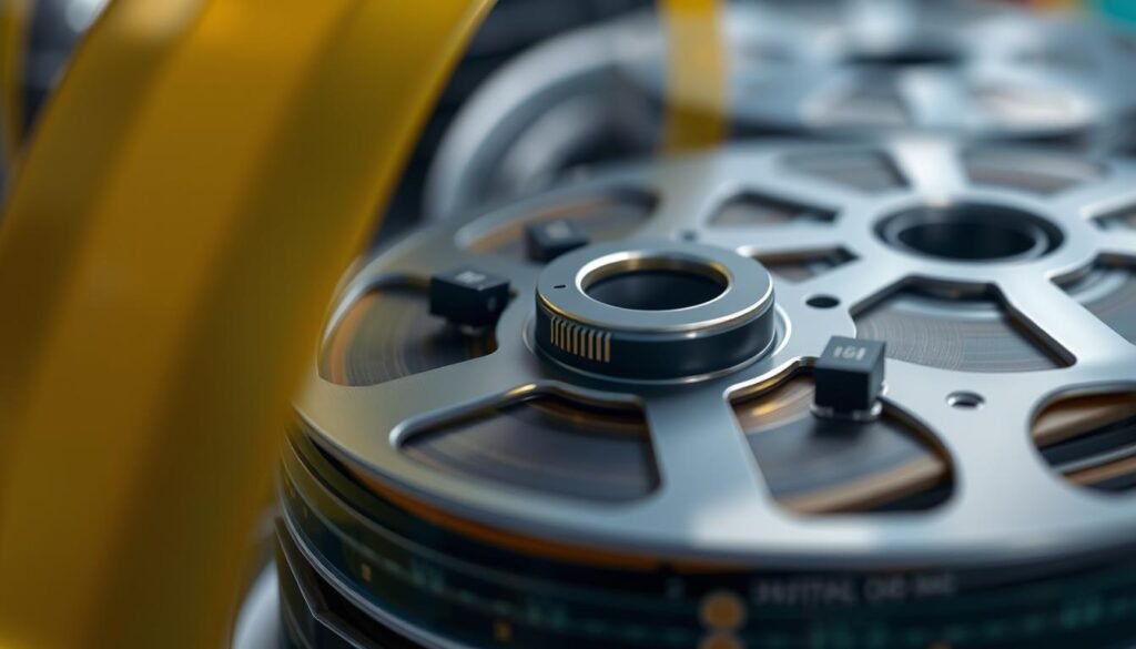 Generate an image of tape and reel packaging used in electronics manufacturing.