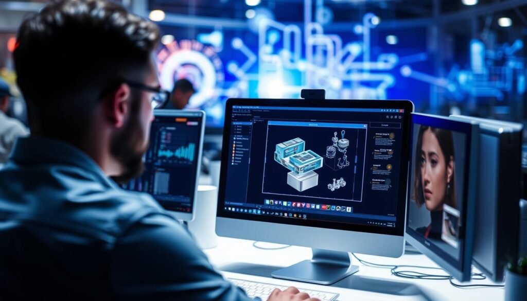 Generate an image representing FAI software solutions in action, with a user inspecting a product on a computer screen.