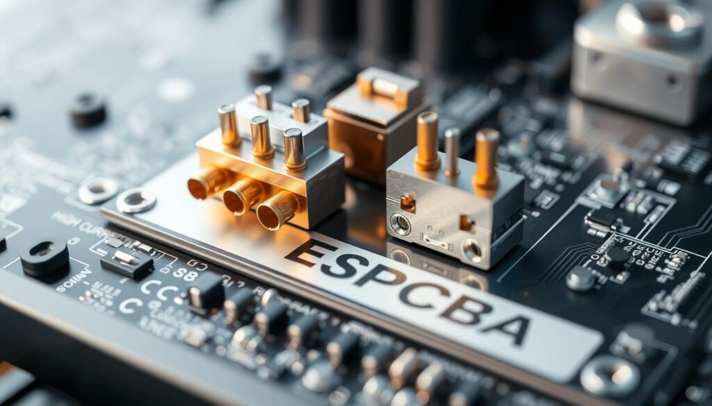 High-current PCBA connectors mounted on a sleek, metallic circuit board. The connectors are made of brushed silver and bronze-colored alloy, with sturdy pins and housings designed to handle heavy electrical loads. The ESPCBA logo is prominently displayed on the board, indicating the premium quality of the components. The scene is illuminated by a soft, diffused light, casting subtle shadows and highlights that accentuate the intricate details of the connectors. The overall composition conveys a sense of industrial power and engineering precision, befitting the high-current application.