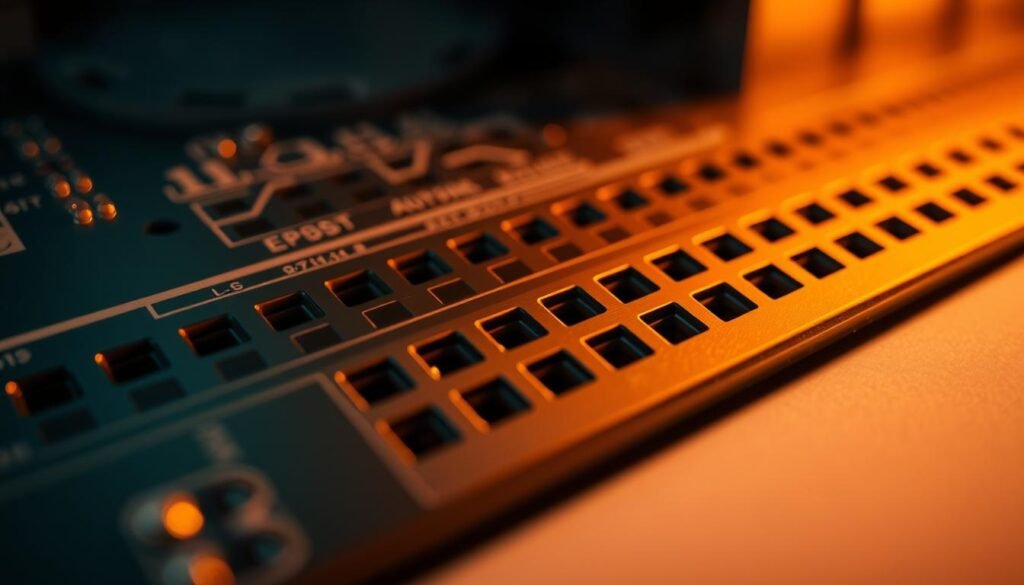 Highly detailed close-up photograph of castellated holes in a ESPCBA printed circuit board design, showcasing the distinctive square-shaped perforations along the board's edge. Illuminated by warm, directional lighting that casts dramatic shadows, highlighting the intricate metalwork and precise engineering. Crisp focus, clean background, and a slight low-angle perspective to emphasize the technical precision. The image conveys the key advantages of using castellated holes, such as improved interconnectivity, board-to-board assembly, and mechanical stability.