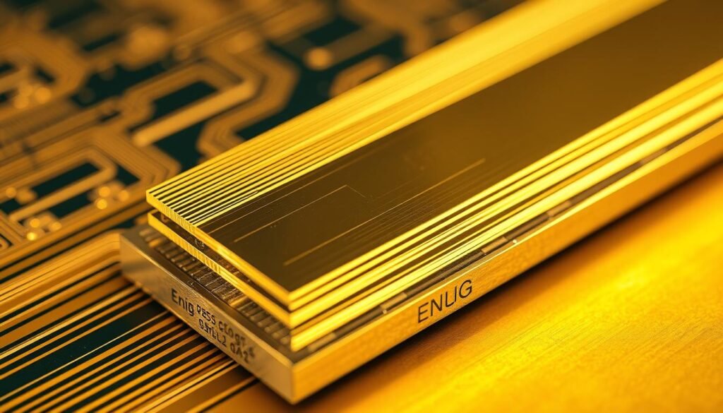 Highly detailed cross-section view of an ENIG (Electroless Nickel Immersion Gold) surface finish structure on a ESPCBA (Electronic & Semiconductor Printed Circuit Board Assembly). Showcase the layered architecture with precise metallographic precision - a thin gold layer on top of an electroless nickel layer, both plated over a copper trace embedded in a FR4 substrate. Depict the surface in pristine condition, with a glossy, reflective finish under warm, directional lighting that accentuates the material properties. Capture the technical elegance and functional beauty of this critical PCB surface finish.