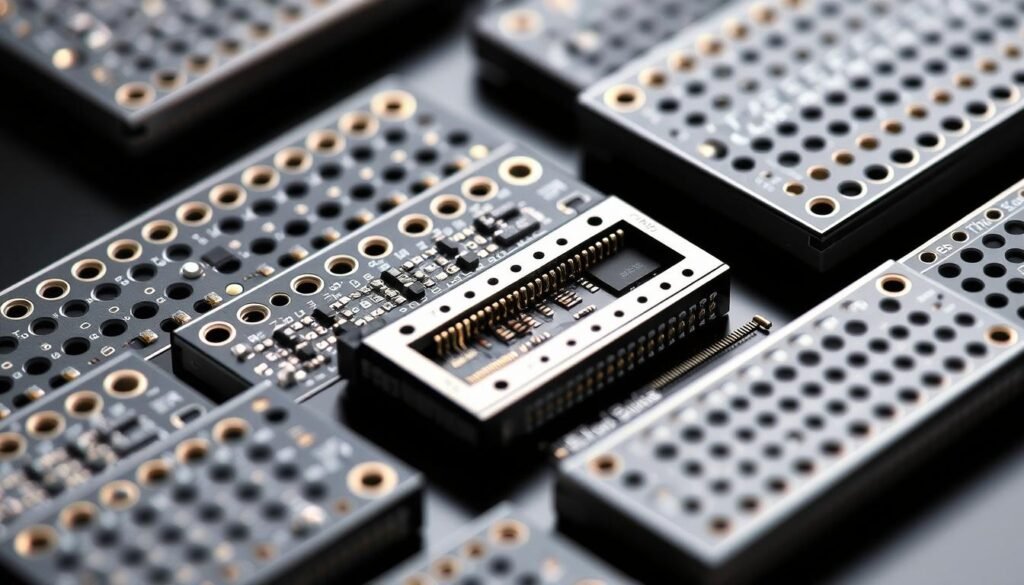Intricate ESPCBA modules with castellated holes, showcasing their unique design for robust wireless connectivity. Sleek metallic surfaces catch the light, highlighting the precision-engineered perforations. A cross-sectional view reveals the internal structure, allowing viewers to explore the practical applications of this PCB technology. The image exudes a sense of technical sophistication, inviting the viewer to delve deeper into the engineering principles behind these versatile communication modules.