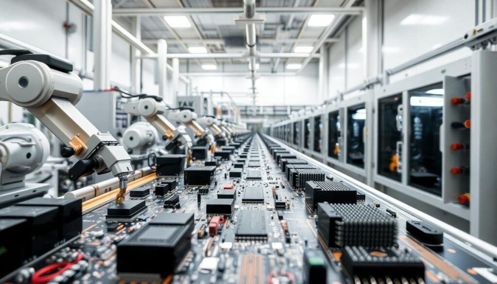 a close-up view of a printed circuit board (PCB) manufacturing facility, showcasing the intricate process of producing ESPCBA boards. The foreground depicts a state-of-the-art assembly line, with robotic arms precisely placing electronic components on the board. The middle ground features a series of automated solder reflow ovens, where the components are securely attached to the PCB. In the background, a clean-room environment with high-efficiency particulate air (HEPA) filtration systems ensures a controlled and sustainable manufacturing process. The lighting is bright and even, highlighting the technical precision and attention to detail required for producing reliable and environmentally-friendly ESPCBA boards.