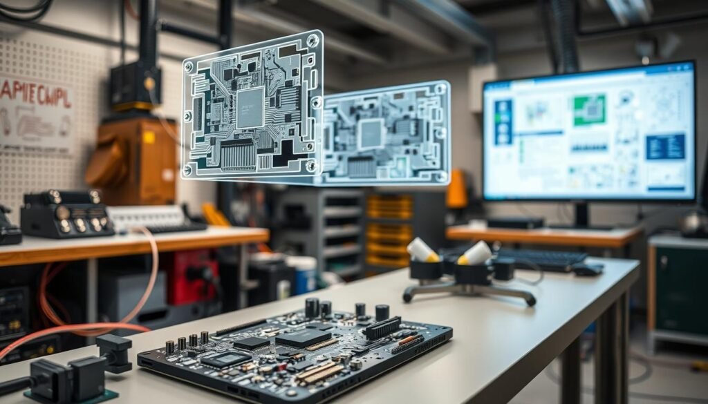 a detailed, high-quality image of a PCB (printed circuit board) development process, showcasing the various stages and components involved. The scene should depict a well-lit, clean, and organized workspace, with a strategic layout of tools, equipment, and materials. In the foreground, there should be a partially assembled ESPCBA (electronic and semiconductor PCB assembly) board, showcasing the intricate connections and components. In the middle ground, there should be a 3D CAD model of the ESPCBA design, floating above the workspace, providing a visual representation of the project. In the background, there should be a wall-mounted display or computer screen displaying schematics, design files, and other relevant information, creating a sense of a focused and intentional development process. The overall mood should convey a sense of professionalism, attention to detail, and a strategic approach to the ESPCBA project recovery plan.