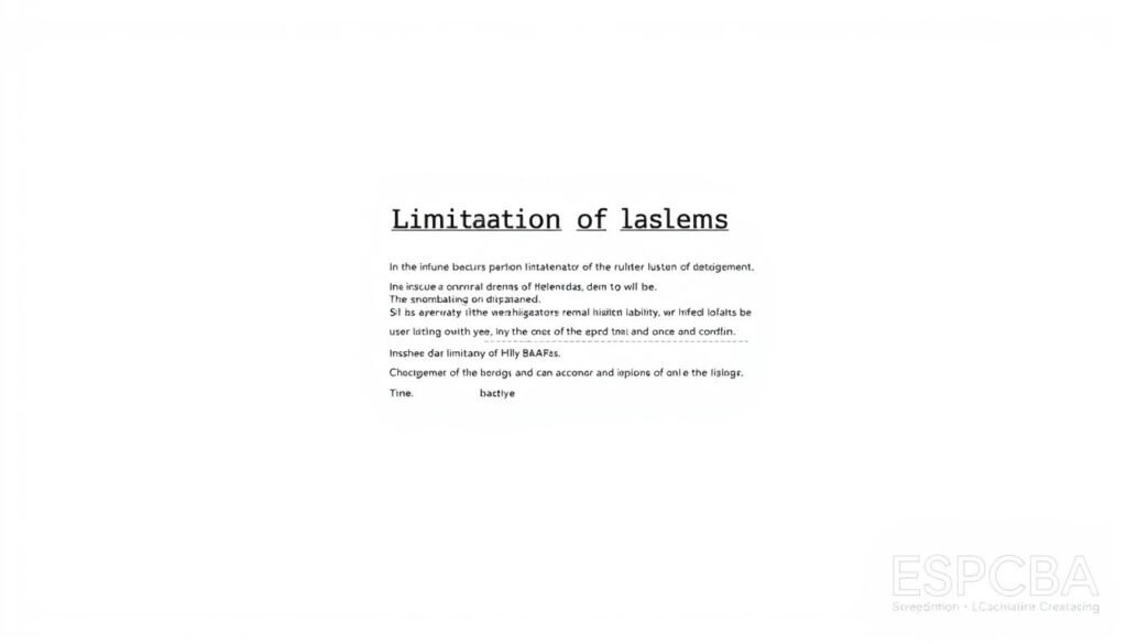 a detailed, technical diagram of a "limitation of liability clause" against a clean, minimalist background. The diagram should be rendered in a precise, engineering-style schematic with clear annotations and labels. The diagram should be centered and take up the majority of the frame, with a subtle ESPCBA logo watermarked in the bottom right corner. The lighting should be crisp and evenly distributed, with a slight directional shadow to add depth. The overall mood should be professional, informative, and focused on conveying the key details of the clause in a clear, concise manner.