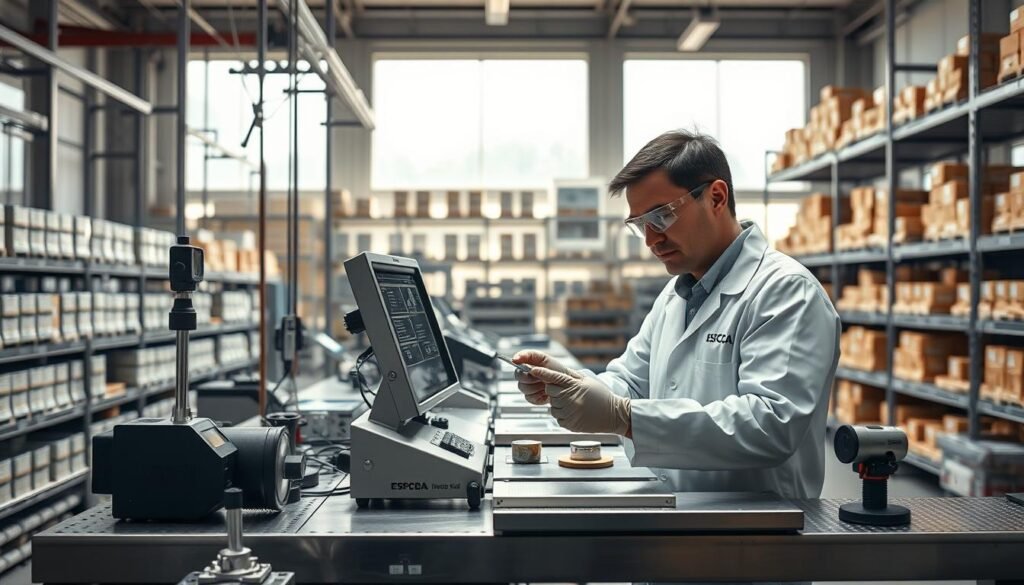 a high-quality, photorealistic image of a quality control inspection process in a manufacturing facility. The scene depicts a worker in a white lab coat and safety goggles carefully examining a product on a steel workbench, surrounded by various measurement tools and quality control equipment. The background features rows of shelves stocked with finished products, and large windows allow natural light to flood the space, creating a bright and clean atmosphere. The brand name "ESPCBA" is prominently displayed on the worker's uniform and the equipment. The overall mood conveys a sense of precision, attention to detail, and a commitment to ensuring the highest standards of quality.