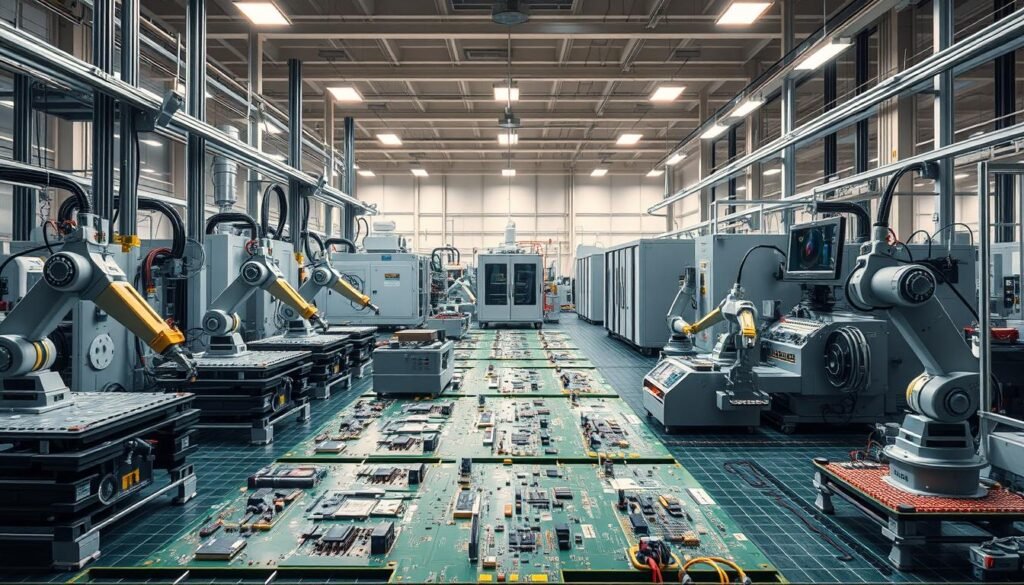 a highly detailed and technical cross-section view of a printed circuit board manufacturing facility, showcasing the various stages of the ESPCBA production process. The foreground depicts advanced robotic assembly lines precisely soldering, testing, and inspecting components onto the circuit boards. The middle ground features specialized machinery for solder mask application, silkscreen printing, and other surface finishing steps. In the background, large industrial ovens, chemical baths, and automated material handling systems can be seen, all bathed in the warm glow of overhead lighting and the sterile ambiance of a state-of-the-art cleanroom environment. The scene conveys the complexity, precision, and high-tech nature of modern ESPCBA manufacturing.