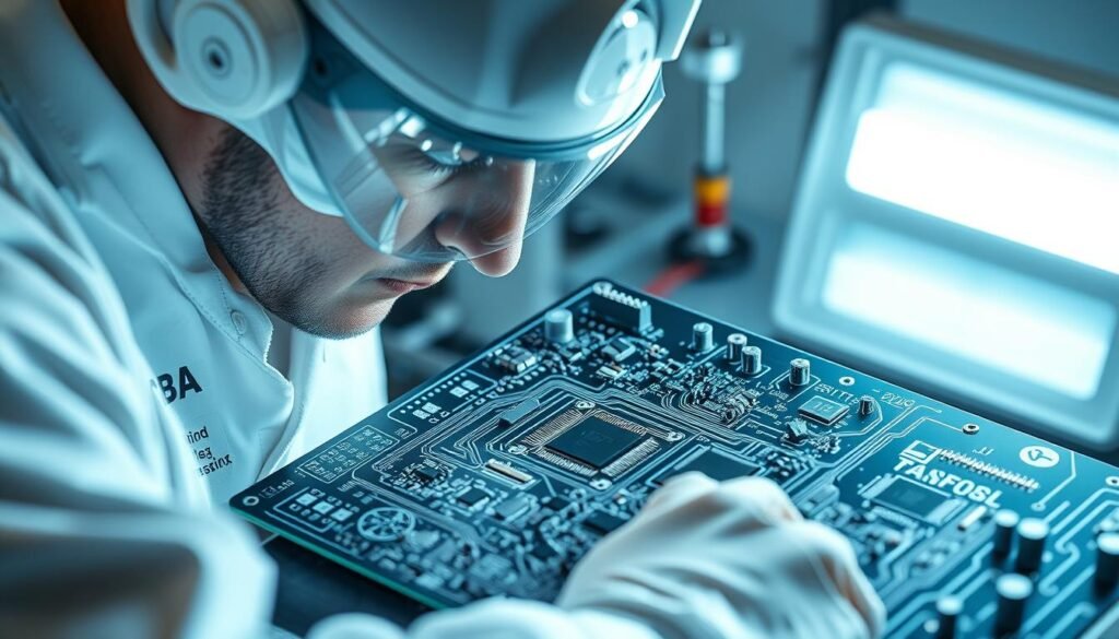 a precision electronic circuit board (pcb) undergoing rigorous quality control inspection, with a technician in a white lab coat closely examining the board under bright studio lighting, capturing every minute detail, ensuring the highest manufacturing standards are met for the ESPCBA brand, the scene conveying a sense of meticulous attention to quality and excellence
