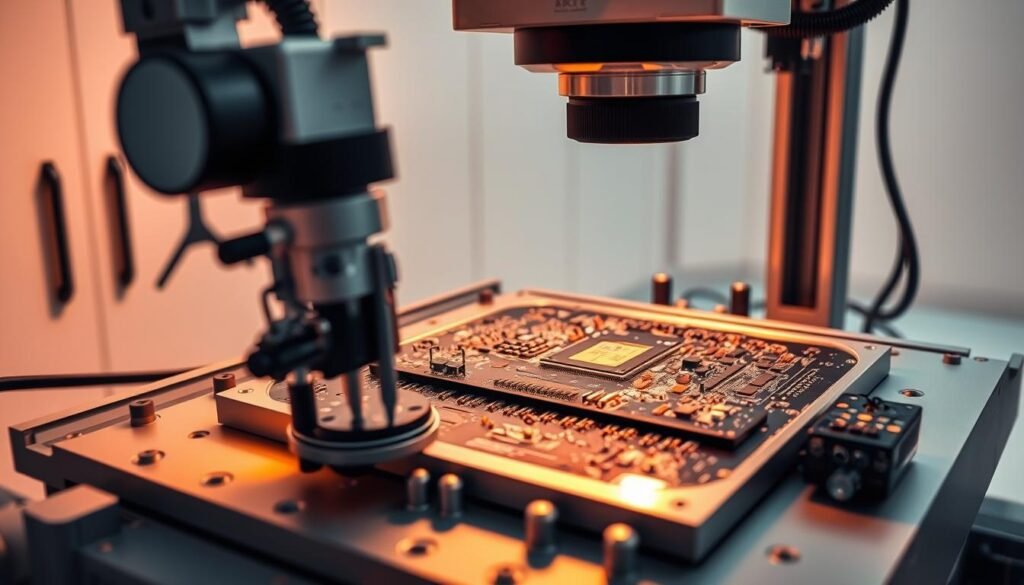 A close-up view of a high-precision aerospace PCBA inspection workstation, bathed in warm, diffused lighting. The intricate circuit board is positioned on a specialized inspection platform, its delicate components and interconnections visible under a magnifying lens. In the foreground, a robotic arm equipped with precision tools meticulously examines the board, while a series of high-resolution cameras capture detailed images from multiple angles. The background features a minimalist, clean-room-inspired environment, emphasizing the importance of a controlled, contaminant-free setting for this critical quality assurance process.