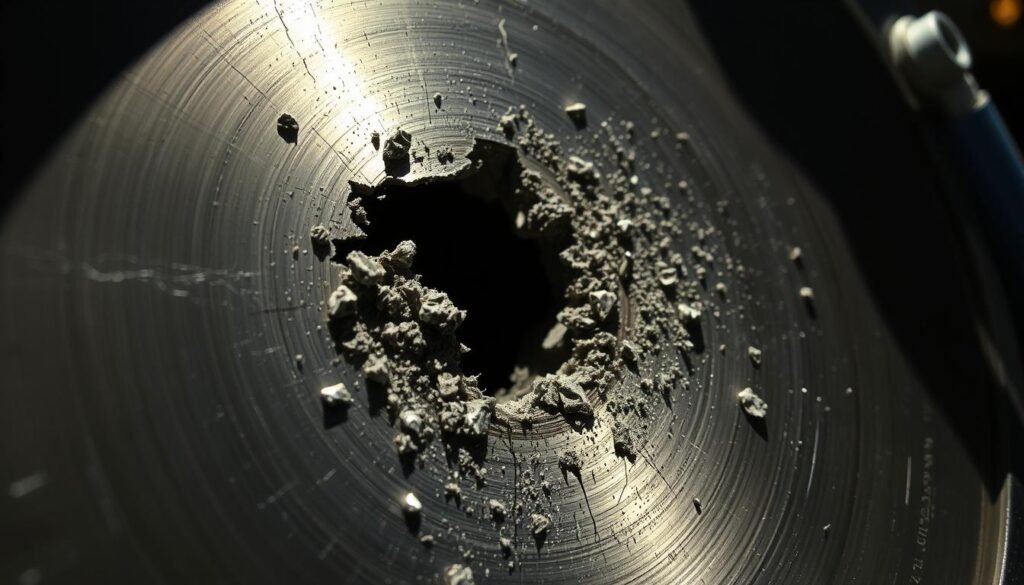 A close-up view of a metal surface, scarred and pitted by the impact of a foreign object. The point of impact is a jagged, ragged hole, with fragments of the debris scattered around. The lighting is harsh, casting sharp shadows and highlights that accentuate the texture and damage. The background is out of focus, but suggests a sterile, industrial setting, emphasizing the severity of the incident. The overall mood is one of force and destruction, conveying the potential dangers of uncontrolled foreign object debris in critical environments. A close-up view of a metal surface, scarred and pitted by the impact of a foreign object. The point of impact is a jagged, ragged hole, with fragments of the debris scattered around. The lighting is harsh, casting sharp shadows and highlights that accentuate the texture and damage. The background is out of focus, but suggests a sterile, industrial setting, emphasizing the severity of the incident. The overall mood is one of force and destruction, conveying the potential dangers of uncontrolled foreign object debris in critical environments.