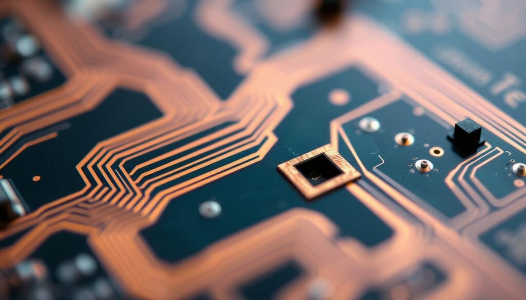 A close-up view of a printed circuit board (PCB) cross-section, illuminated by a soft, directional light. The image showcases the intricate internal structure, revealing the copper traces, vias, and dielectric layers in vivid detail. The focus is on a specific defect area, such as a delamination, misaligned via, or improperly filled copper plating, allowing for a detailed analysis of the quality control issues. The scene is captured with a shallow depth of field, emphasizing the focal point and creating a sense of technical precision. The overall mood is one of careful, analytical examination, inviting the viewer to explore the intricacies of PCB manufacturing and quality assurance.