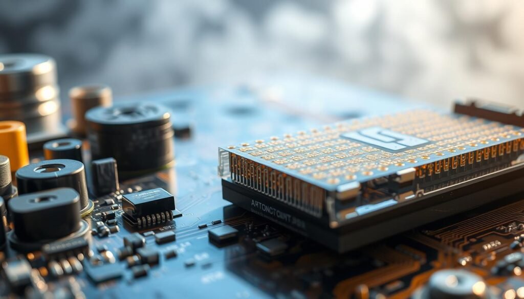 A close-up view of a printed circuit board (PCB) under a scientific lens, showcasing the intricate mechanisms of outgassing. In the foreground, individual PCB components and materials are prominently displayed, with a focus on the microscopic structures and textures that contribute to the outgassing process. The middle ground features a detailed cross-section of the PCB, revealing the layered construction and the pathways through which volatile compounds can escape. In the background, a hazy, atmospheric environment with muted tones suggests the vacuum conditions in which this phenomenon occurs, emphasizing the importance of understanding outgassing for PCBAs used in such environments. The lighting is crisp and directional, casting subtle shadows that accentuate the dimensional aspects of the PCB, creating a sense of depth and technical precision. A close-up view of a printed circuit board (PCB) under a scientific lens, showcasing the intricate mechanisms of outgassing. In the foreground, individual PCB components and materials are prominently displayed, with a focus on the microscopic structures and textures that contribute to the outgassing process. The middle ground features a detailed cross-section of the PCB, revealing the layered construction and the pathways through which volatile compounds can escape. In the background, a hazy, atmospheric environment with muted tones suggests the vacuum conditions in which this phenomenon occurs, emphasizing the importance of understanding outgassing for PCBAs used in such environments. The lighting is crisp and directional, casting subtle shadows that accentuate the dimensional aspects of the PCB, creating a sense of depth and technical precision.