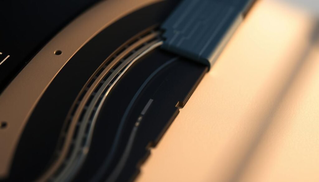 A close-up view of a rigid-flex printed circuit board, showcasing the gentle bend radius in the flexible section. The board is illuminated from the side, casting subtle shadows that accentuate the contours and flexibility of the material. The rigid sections are rendered in muted tones, while the flexible portion is slightly more vibrant, hinting at the underlying mechanical properties. The composition emphasizes the transition between the rigid and flexible areas, capturing the delicate balance required to manage mechanical stress and thermal constraints in avionics applications.