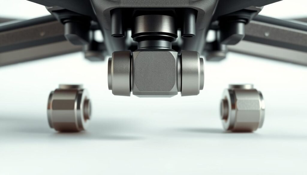 A close-up view of drone battery safety connectors, showcased against a clean, minimalist background. The connectors are rendered in high detail, their metallic surfaces gleaming under carefully placed studio lighting that accentuates their precision engineering. The image emphasizes the connectors' robust design, with a focus on the secure locking mechanisms and heat-resistant materials that ensure reliable power delivery and safety during high-performance drone operations. The overall mood is one of technical sophistication and attention to crucial safety considerations in the optimization of drone batteries and power systems.