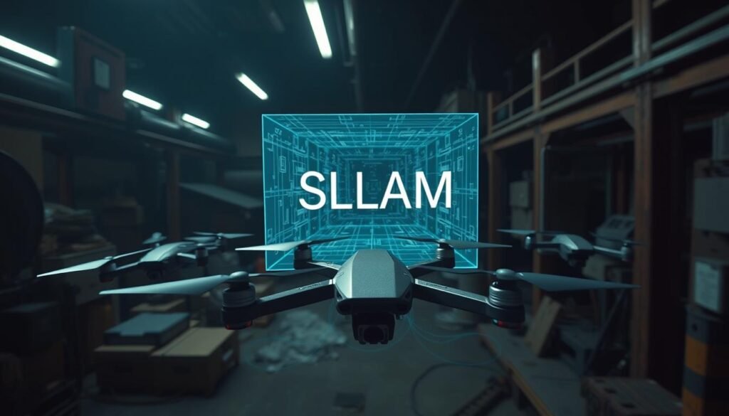 A collaborative SLAM (Simultaneous Localization and Mapping) system for a drone swarm, captured through a wide-angle lens in a dimly lit industrial setting. In the foreground, a swarm of sleek, maneuverable drones navigates a complex 3D environment, their sensors scanning and mapping the surroundings. In the middle ground, a holographic overlay displays the shared, real-time SLAM data, allowing the drones to coordinate their movements and explore the space efficiently. The background is shrouded in shadows, hinting at the challenging, obstacle-filled nature of the environment, emphasizing the need for advanced SLAM algorithms to enable the drones' seamless collaboration and navigation.