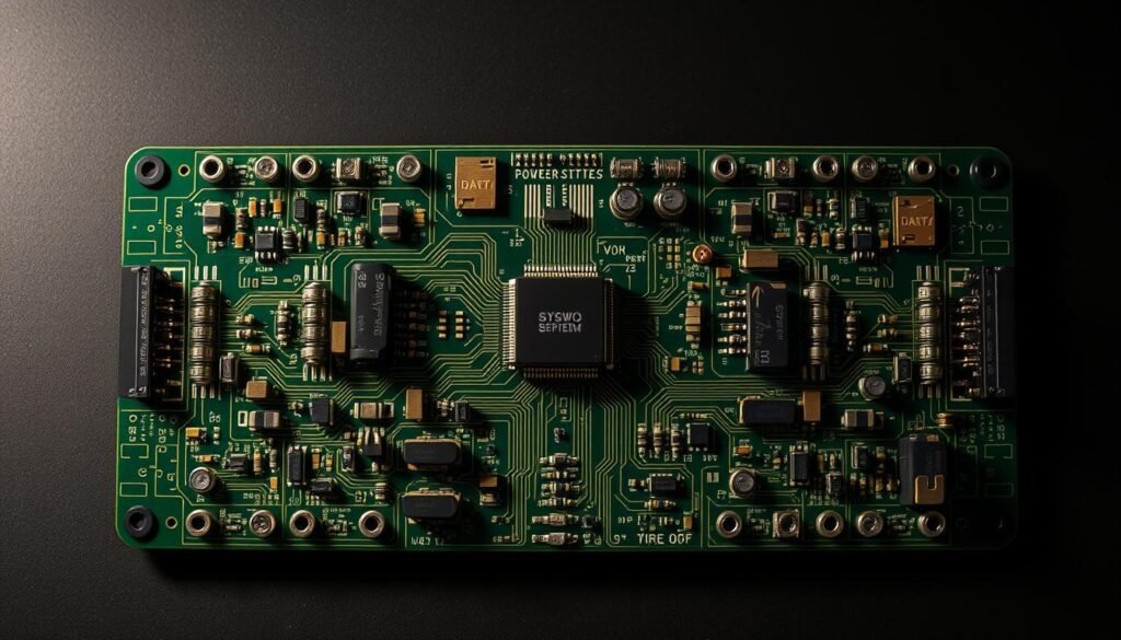 A complex circuit board with intricate voltage sensing components arranged in a symmetrical layout. The board is illuminated by a soft, warm light that casts subtle shadows, highlighting the intricate details of the circuitry. The components are precisely engineered, with clean lines and a sleek, modern aesthetic. The board is set against a dark, muted background, creating a sense of depth and focus on the technical details. The overall composition conveys a sense of power, efficiency, and advanced engineering, perfectly suited to illustrate the power distribution system of a heavy-lift drone.