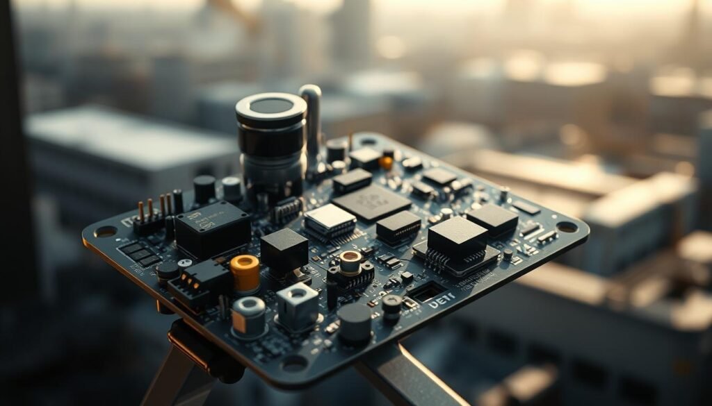 A complex circuit board with various sensors and components, arranged in a compact and intricate design. The board is positioned at an angle, casting dynamic shadows and highlights that emphasize the technical complexity. In the background, a blurred cityscape or industrial environment suggests the real-world applications of this integrated drone sensor system. The overall mood is one of engineering innovation and problem-solving, capturing the challenges of seamlessly integrating diverse sensors into a cohesive, high-performance drone platform.