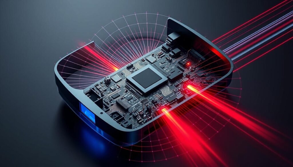 A complex, cross-sectional view of a collision avoidance system, featuring a sleek, metallic PCBA (printed circuit board assembly) at the center. Interwoven LiDAR and radar sensors surround the board, their beams converging to map the environment in a seamless 3D point cloud. Elegant curves and sharp edges define the housing, with a matte black finish that exudes a sense of high-tech sophistication. Crisp, directional lighting casts dramatic shadows, emphasizing the system's precision engineering and advanced capabilities. The overall scene conveys the importance of sensor fusion, where multiple modalities work in harmony to ensure reliable, real-time obstacle detection and collision avoidance.