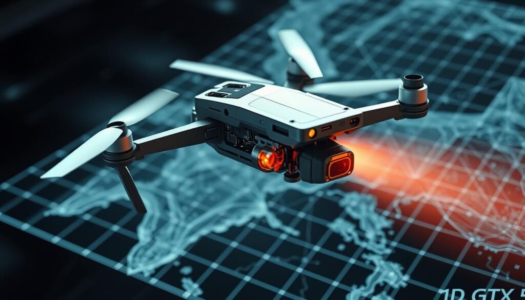 A complex, futuristic drone hovers in the air, its sleek chassis gleaming under crisp, directional lighting. Intricate circuit boards and integrated sensors are visible, showcasing the drone's advanced GPS navigation capabilities. In the background, a grid-like holographic display projects a detailed, 3D map, guiding the drone's autonomous flight path. The scene conveys a sense of precision, technological sophistication, and the drone's ability to operate seamlessly beyond visual line of sight, supporting mission-critical BVLOS operations.