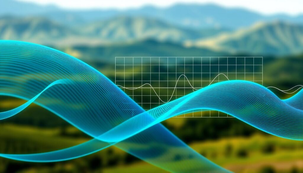 A complex graphic visualizing the principles of chirp spread spectrum technology. In the foreground, a series of stylized radio waves in shades of blue and green, undulating across the frame. In the middle ground, a grid of intersecting lines and curves, representing the frequency-time domain of the chirp signal. The background features a softly blurred landscape, evoking the expansive reach of wide-area networks. The lighting is crisp and directional, casting subtle shadows that enhance the technical details. The overall mood is one of scientific precision and technological elegance, befitting the subject matter.