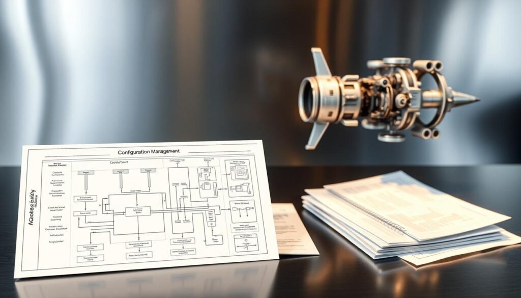 A comprehensive configuration management plan, outlined against a sleek, metallic backdrop. In the foreground, a detailed schematic diagram showcases the various components and processes involved, rendered in a clean, technical style. The middle ground features a collection of engineering schematics, blueprints, and change control documents, neatly organized and illuminated by a soft, directional light. In the background, a complex, three-dimensional model of a sophisticated aerospace system, rotating gently to demonstrate the interconnected nature of the CM plan. The overall mood is one of precision, order, and a relentless focus on maintaining control and traceability in the face of constant change.