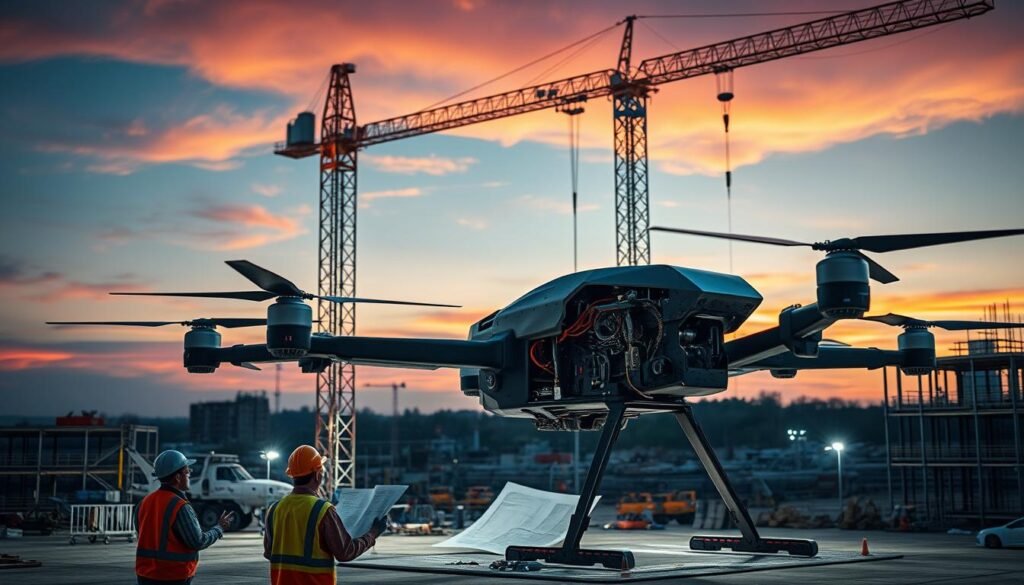A construction site at dusk, a towering crane looming over a partially assembled drone frame, its sleek black and silver components glistening in the fading light. In the foreground, engineers in hardhats and safety vests scrutinize blueprints, discussing the drone's intricate systems. The midground reveals a landscape of scaffolding, tools, and materials - a hive of focused activity. In the background, the sky is painted in warm hues, evoking a sense of progress and possibility. The scene is illuminated by a combination of natural and artificial light, casting dramatic shadows and highlights that accentuate the drone's elegant design. The overall atmosphere conveys the intersection of cutting-edge technology and meticulous craftsmanship.
