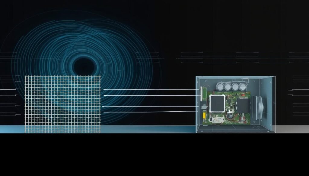 A cross-sectional illustration of electromagnetic interference (EMI) shielding principles. In the foreground, a conductive metal mesh or a shielding enclosure is depicted, showcasing how it blocks and redirects electromagnetic waves. In the middle ground, various electronic components and circuits are shown, highlighting the need for effective EMI protection. The background depicts a complex electromagnetic field, with swirling lines and gradients representing the propagation of EMI. The scene is rendered with a technical, engineering-focused aesthetic, using precise lines, muted colors, and a focus on the functional details of EMI shielding mechanisms. Subtle lighting from the side casts shadows, emphasizing the 3D nature of the shielding structures. The overall image conveys the fundamental principles of EMI shielding and its importance in maintaining the integrity of electronic systems.