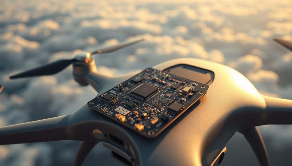 A detailed aerial view of a PCBA (Printed Circuit Board Assembly) for an unmanned aerial system. The board is situated on a sleek, futuristic-looking drone, its intricate components and connectors meticulously arranged. The board is illuminated by a soft, warm light, casting subtle shadows that highlight its complex topology. In the background, a sweeping, cloud-filled sky serves as a serene backdrop, emphasizing the board's role in the airborne technology. The composition is balanced, with the PCBA commanding the center of attention, surrounded by the drone's clean, aerodynamic design. The overall scene conveys a sense of technological sophistication and precision engineering, perfectly suited for illustrating the challenges and solutions in creating a flawless PCBA for an unmanned aerial system's autopilot.