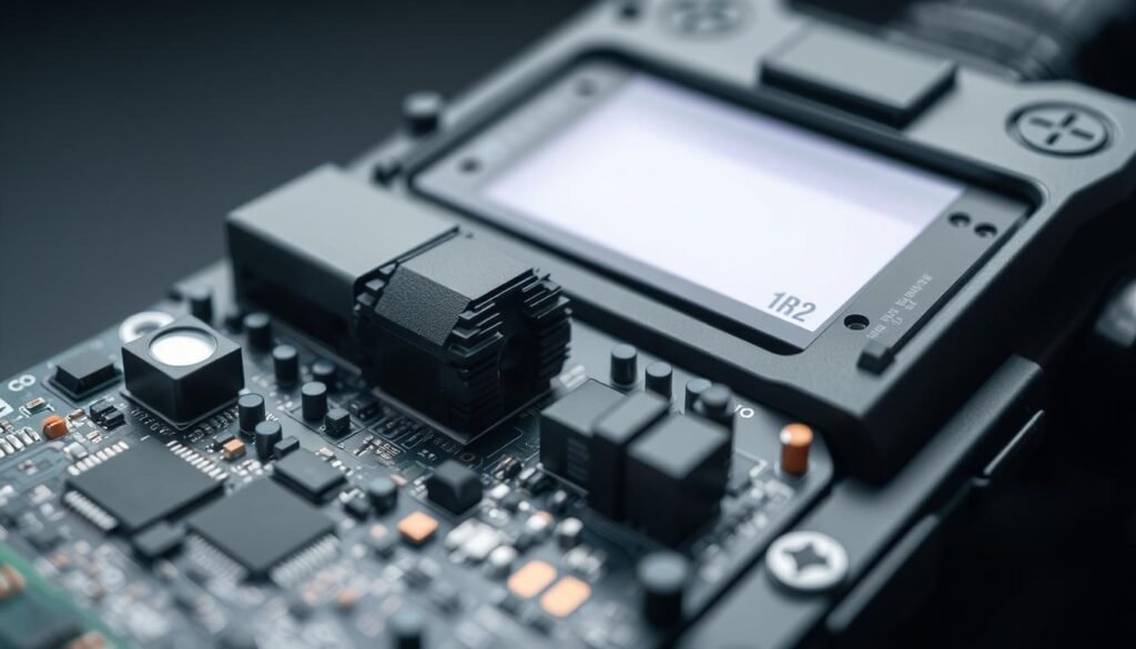 A detailed cross-section of the technical components found within a state-of-the-art body camera used by law enforcement. In the foreground, a close-up view of the printed circuit board assembly (PCBA) with various microchips, resistors, and connectors visible. In the middle ground, the camera lens and imaging sensor are prominently displayed, showcasing the advanced optics that capture high-quality video footage. The background features the rugged, weatherproof casing designed to withstand the rigors of field use, complete with mounting points and control buttons. Illuminated by soft, directional lighting that highlights the precision engineering of these mission-critical devices.