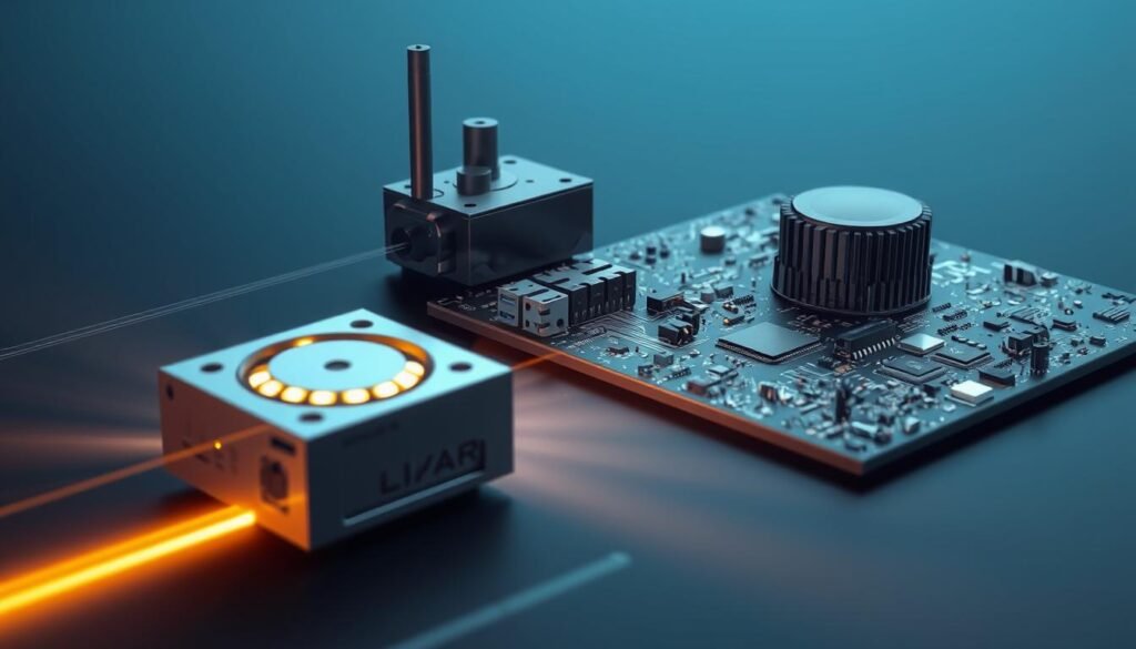 A detailed, technical illustration showcasing the key components of a sense-and-avoid system. In the foreground, a high-resolution rendering of a LiDAR sensor module, its rotating laser emitter and receiver array clearly visible. In the middle ground, a compact radar unit with its distinct antenna design. In the background, a complex PCB populated with various integrated circuits, microcontrollers, and supporting electronics, all working in harmony to power the collision avoidance system. The scene is bathed in a cool, clinical lighting that highlights the precision engineering of these advanced sensor technologies. Rendered with a focus on technical accuracy and minimalist aesthetics to complement the article's subject matter.