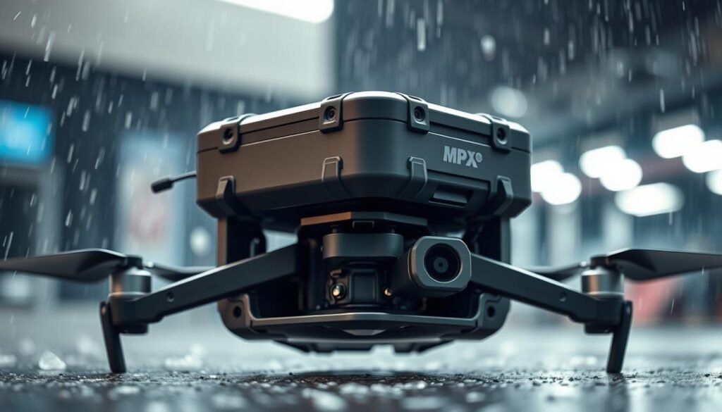 A durable, weatherproof drone enclosure stands against a backdrop of rain, wind, and harsh conditions. The enclosure is crafted from rugged, impact-resistant materials with a sleek, aerodynamic design. Intricate seals and gaskets create an airtight seal, protecting the drone's delicate electronics from the elements. The enclosure is illuminated by soft, diffused lighting, showcasing its resilient construction. The camera captures the enclosure from a low angle, emphasizing its sturdy build and commanding presence. The overall scene conveys a sense of reliability, durability, and the enclosure's ability to withstand even the most challenging weather conditions.