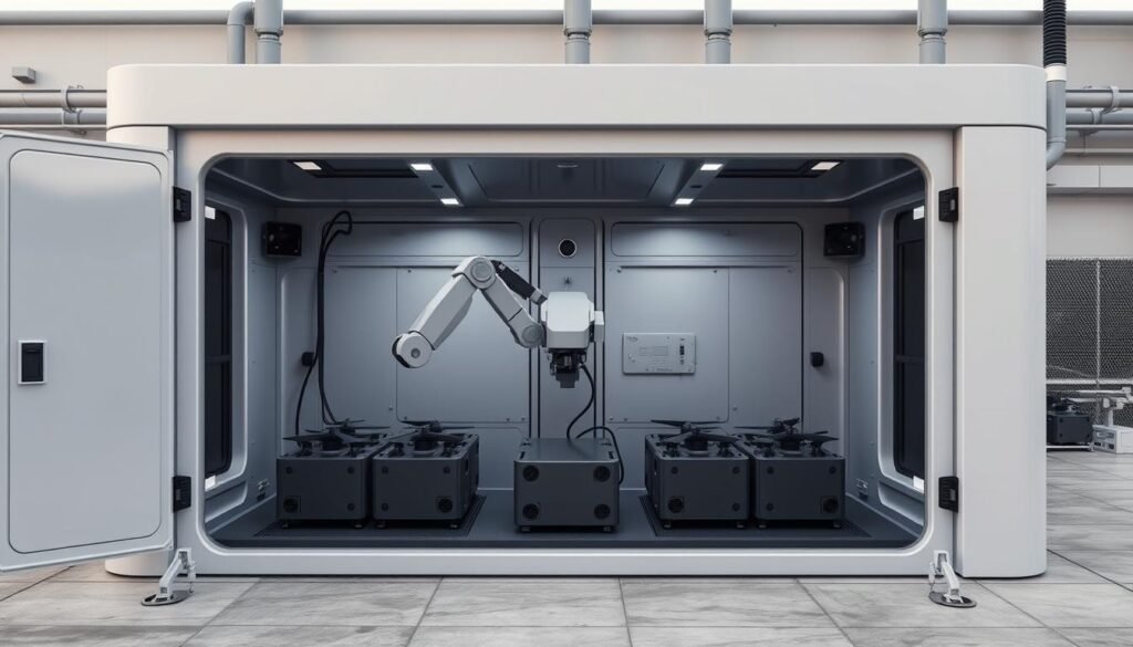 A fully automated drone battery charging station nestled in a sleek, weatherproof enclosure. The station features multiple charging bays, each with a precise robotic arm that delicately connects and disconnects the drone batteries. The enclosure is designed to withstand harsh environmental conditions, with a durable, textured surface and a sophisticated climate control system that maintains optimal temperature and humidity levels. Soft, diffused lighting illuminates the interior, creating a serene, futuristic atmosphere. The station's elegant, minimalist design blends seamlessly with the surrounding industrial landscape, showcasing the advanced technology within.