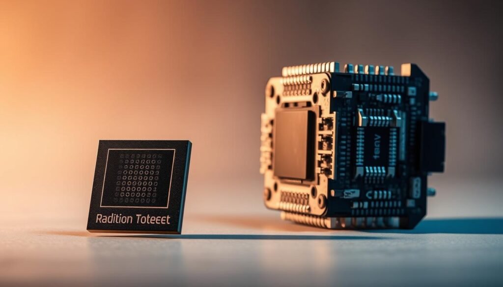A high-contrast, close-up composition showcasing the visual differences between radiation-tolerant and radiation-hardened electronic components. In the foreground, a radiation-tolerant microchip with a sleek, minimalist design stands in sharp contrast to a bulkier, more heavily shielded radiation-hardened component in the middle ground. The background is a muted, technical environment suggesting a research lab or clean room setting, emphasizing the specialized nature of these parts. Dramatic side lighting casts dramatic shadows, highlighting the intricate details and rugged construction of the radiation-hardened unit. The overall scene conveys the critical importance of selecting the appropriate component for mission-critical space applications.