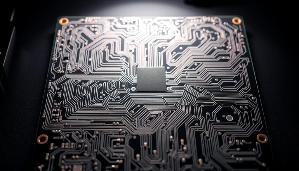 A high-quality PCB design with controlled impedance traces, showcasing a complex layout for a SATCOM system. The board features intricate signal routing, precisely spaced traces, and strategically placed vias to maintain signal integrity. The design is illuminated by a soft, directional light, casting subtle shadows that accentuate the board's features. The background is blurred, keeping the focus on the technical details of the PCB, conveying a sense of engineering expertise and attention to detail.