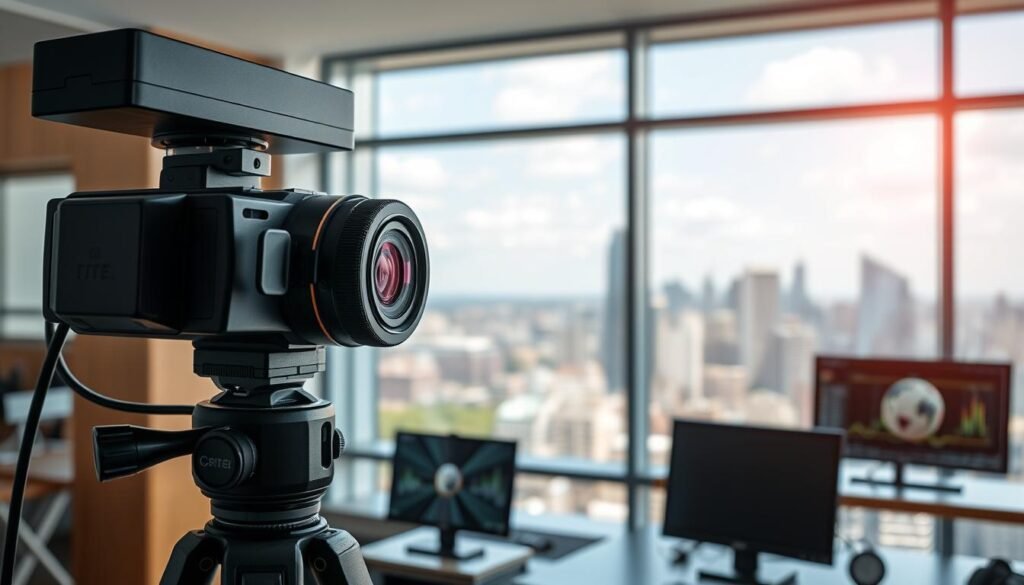 A high-quality PTZ (pan-tilt-zoom) camera with a professional-grade lens and advanced image sensor, situated in a well-lit, modern control room. The camera is mounted on a sturdy tripod, pointed at a dynamic city skyline visible through large windows. Precise adjustments to the lens, focus, and exposure settings are being made on a sleek, intuitive control interface, optimizing the image clarity, color accuracy, and low-noise performance. The resulting image showcases exceptional detail, vibrant colors, and natural depth of field, suitable for mission-critical surveillance or high-resolution video streaming.