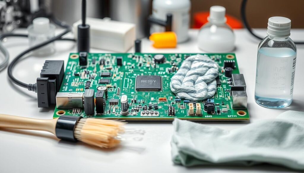 A high-quality close-up view of a circuit board undergoing a thorough cleaning process. The board is positioned on a clean, well-lit workbench, with various cleaning tools and supplies like brushes, solvents, and microfiber cloths visible in the foreground. The lighting is bright and diffused, showcasing the intricate details of the board's components and the cleaning techniques being applied. The background is slightly blurred, maintaining the focus on the cleaning procedure. The overall mood is professional, precise, and conveying the importance of proper board maintenance for reliability.