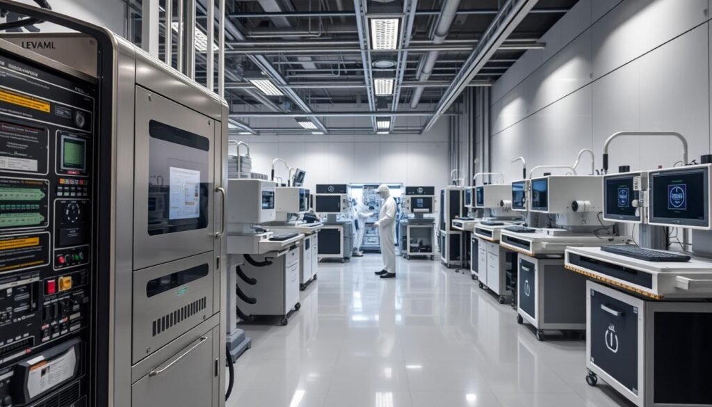 A high-tech laboratory filled with specialized security assessment equipment. In the foreground, a sleek, metallic device with intricate displays and control panels, its purpose hinting at the sophisticated analysis of integrated circuits. In the middle ground, a team of technicians in clean-room attire, intently focused on their work, surrounded by a array of advanced testing rigs and diagnostic tools. The background features a sophisticated, minimalist aesthetic, with clean lines, neutral tones, and subtle lighting that creates an atmosphere of precision and professionalism. An overarching sense of technological sophistication permeates the scene, reflecting the meticulous process of verifying the authenticity of security-grade integrated circuits. A high-tech laboratory filled with specialized security assessment equipment. In the foreground, a sleek, metallic device with intricate displays and control panels, its purpose hinting at the sophisticated analysis of integrated circuits. In the middle ground, a team of technicians in clean-room attire, intently focused on their work, surrounded by a array of advanced testing rigs and diagnostic tools. The background features a sophisticated, minimalist aesthetic, with clean lines, neutral tones, and subtle lighting that creates an atmosphere of precision and professionalism. An overarching sense of technological sophistication permeates the scene, reflecting the meticulous process of verifying the authenticity of security-grade integrated circuits.