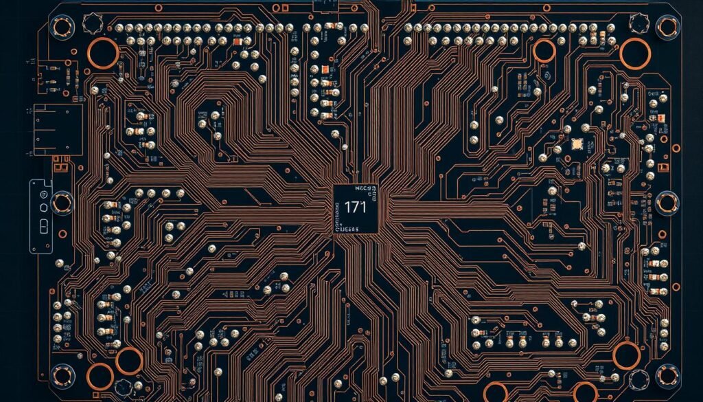 A highly detailed PCB layout for a heavy-lift drone power system. Crisp, top-down view showcasing the board's intricate copper traces, vias, and component placements. Precise routing of thick power lines, distribution nodes, and signal traces, conveying a sense of technical sophistication. Neutral, industrial lighting illuminates the board's surface, highlighting the functional beauty of the design. Subtle textures and subtle reflections suggest a professional, production-ready PCB. The overall composition emphasizes the complexity and engineering prowess required for reliable power distribution in high-performance drone applications.