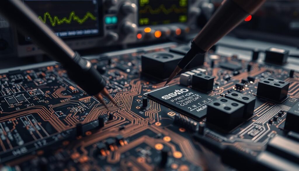 A highly detailed, close-up view of a printed circuit board (PCB) undergoing signal integrity analysis. The PCB is illuminated by a combination of directional and ambient lighting, casting sharp shadows and highlights that accentuate the intricate copper traces, vias, and component layouts. In the foreground, delicate oscilloscope probes are carefully positioned on key signal paths, capturing real-time waveforms and data. The middle ground features advanced test equipment, such as a spectrum analyzer and signal generator, conveying the technical nature of the analysis. The background is blurred, keeping the focus on the PCB and the instrumentation, creating a sense of depth and emphasizing the importance of this engineering process.