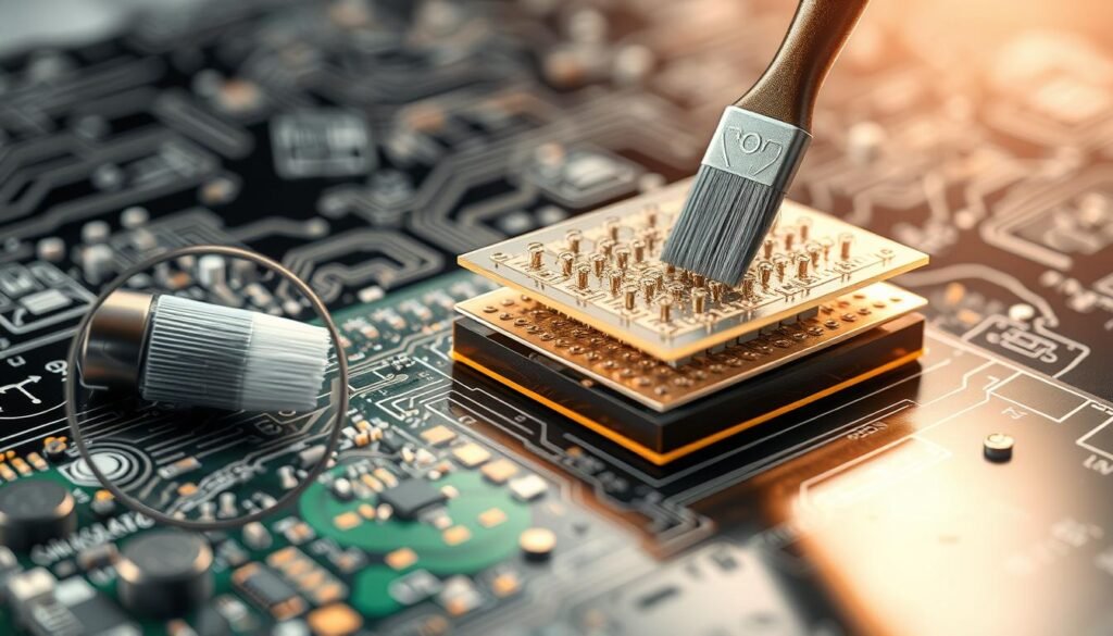 A highly detailed cross-sectional illustration of conformal coating methods, showcasing the intricate process of shielding electronic components on a printed circuit board. The foreground depicts a magnified view of the coating application, with delicate brush strokes smoothly covering the intricate circuit traces and components. The middle ground reveals the layered structure of the coating, highlighting its protective properties against environmental factors such as moisture, dust, and vibration. The background features a softly blurred, technical backdrop of electronic schematics and diagrams, conveying the engineering principles behind the conformal coating process. The lighting is precise, emphasizing the subtle textures and reflections of the coating material, creating a visually striking and informative representation of this crucial electronic protection technique.